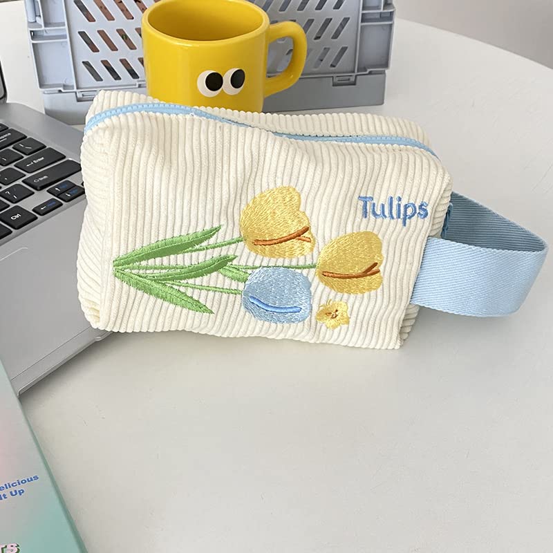 Miniatura 5 de Linda bolsa de maquillaje de pana para viaje, organizador de cosméticos, bolsa de aseo estética, tulipanes con portátil, para mujer (Tulip con