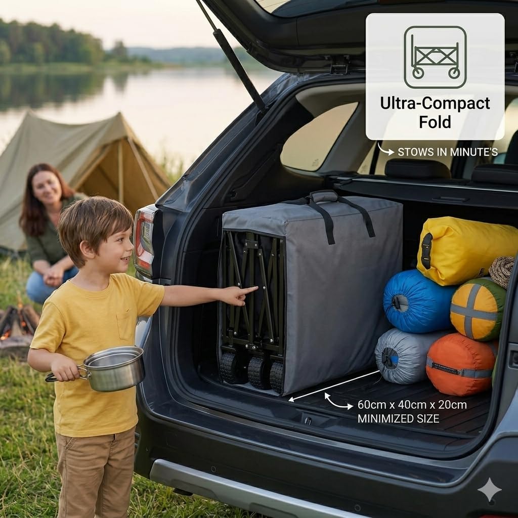 XXL Bollerwagen Faltbar 200L, 160kg Tragkraft, All-Terrain-Handwagen mit Bremsen, extra breite Räder, klappbarer Transportwagen für Strand, Garten & Camping, inkl. Getränkehalter & verstellbarem Griff