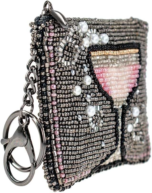 Mary Frances Pink Champagne Beaded Coin Purse Keychain Accessory Mini Bag Charm with Key Ring, Pewter