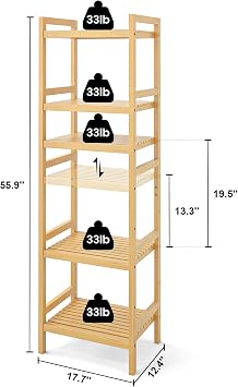 Homykic Bamboo Bookshelf, 5-Tier Narrow 55.9 Adjustable Book Shelf Bookcase Bathroom Shelves Freestanding Storage Stand for Living Room, Bedroom, Kitchen, Rust Resistance, Easy Assembly, Natural