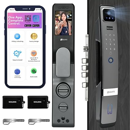 Golens X57 Upgraded Smart Door Lock | 3D Face Recognition | Fingerprint | WiFi + Bluetooth | Pincode| RFID Access Card | Mobile App | Mechanical Key | OTP Access | (No Extra Gateway Required) (Gery)