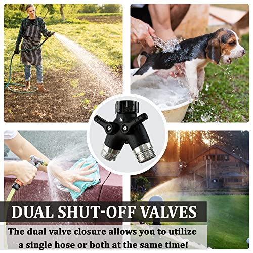 Hose Splitter 2 Way, Heavy Duty Metal Connector, Two Way Garden Hose Splitter, High Flow Spigot Faucet Bib Adapter, Solid Double Y Shut Off Valve for Outdoor Gardening Hoses, Black