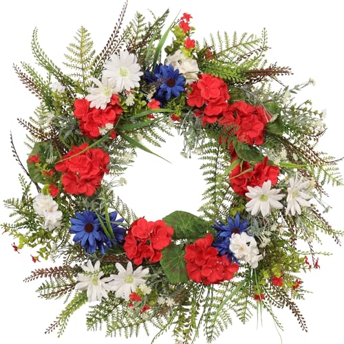 Pudate 22 Inch Patriotic Geranium Wreath for Front Door Decor UV Resistant Red White and Blue Artificial Floral Waterproof Summer Porch Display & 4th of July Farmhouse Wreath