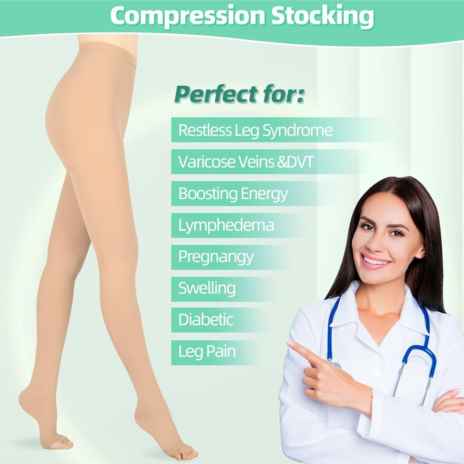 20 - 30mmHg Compression Pantyhose,1 Pair or 2 Pairs Comfortable Compression Leggings,Open Toe Design,Medical Waist High Compression Stockings for Edema, Varicose Veins, Swelling, Pregnant,Nurses, Athletes(Open Toe) - Image 4