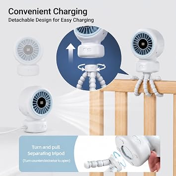 Portable Stroller Fan for Baby, 90 Oscillating Quiet Rechargeable Fan