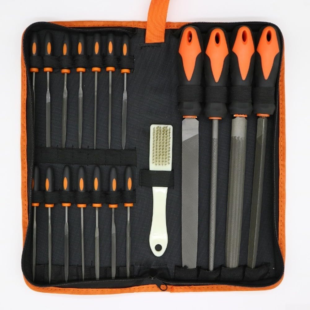 16-Piece File Set with Wood Handle, Rasp Files Metalwork Woodworking, Portable Storage Bag Included, Professional Hand Tool Kit(19pcs)