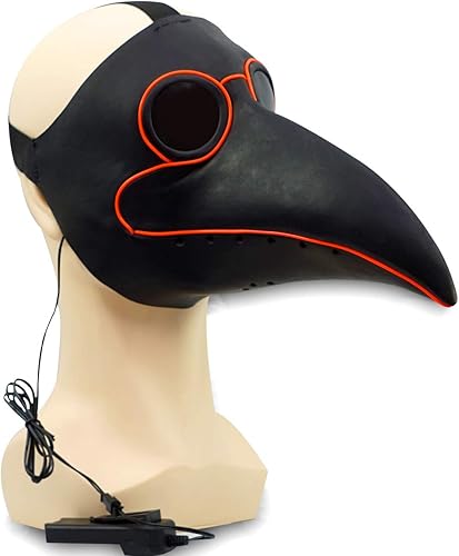 Miniatura 4 de PartyHop Máscara LED de goma negra para médico de la peste iluminada, máscara facial de látex de gas steampunk de nariz larga para Halloween,