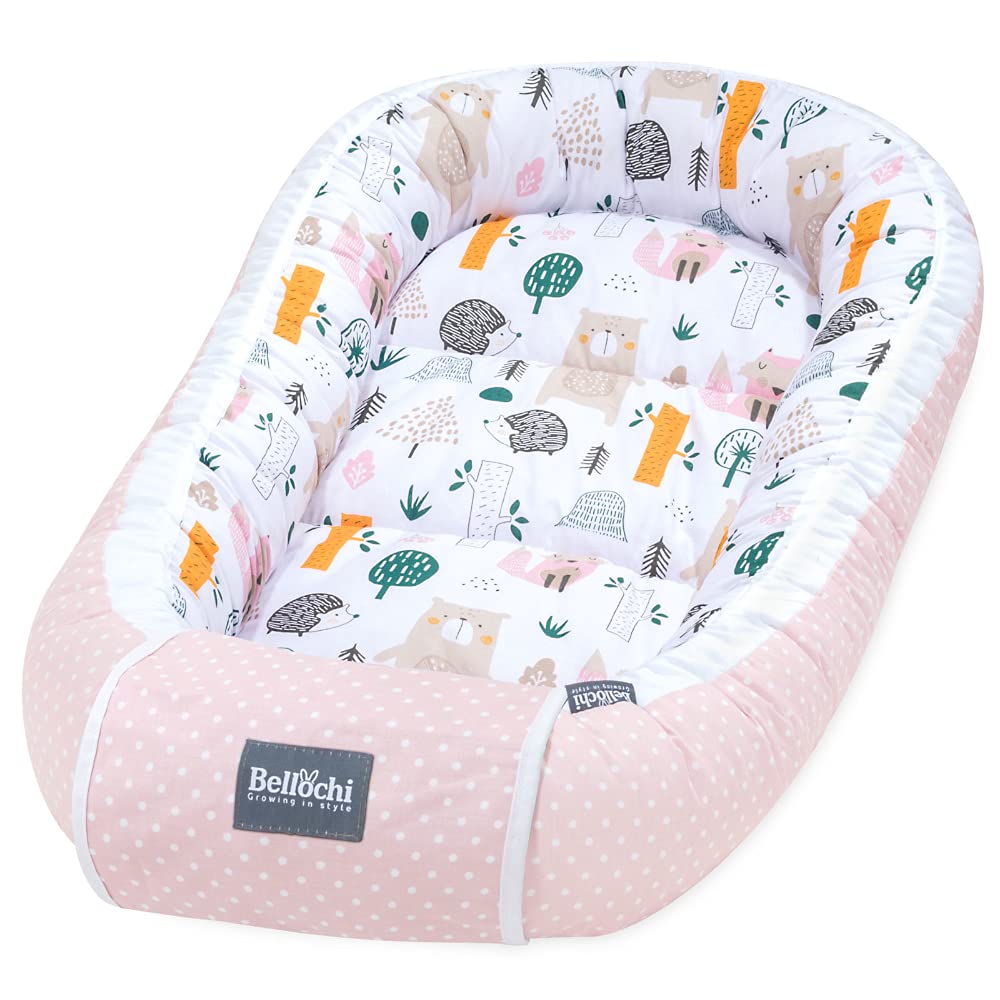 Bellochi Baby Nest Pod śpioszki dla noworodka, 100% bawełna, certyfikat Oeko-TEX, 90 x 60 x 12 cm, z krawędziami ochronnymi, las