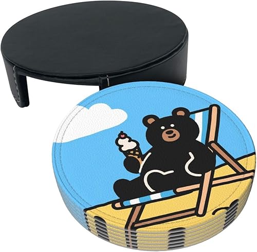 Miniatura 3 de Drink Coasters Set of 6, Black Bear Printed PU Leather Round Coaster with Holder for Outdoor, Office, Bar, Funny Heat-Resistant Home Desk Decor