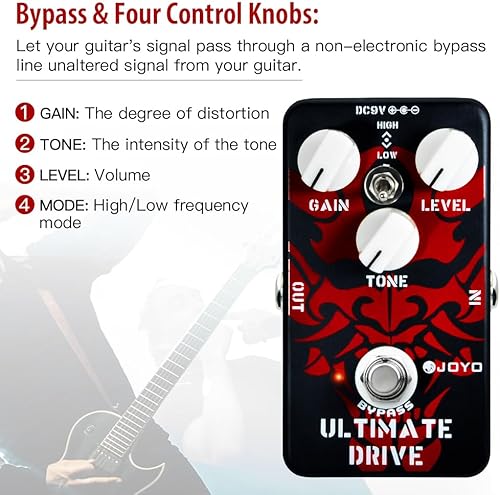 Miniatura 12 de JOYO Pedal de distorsión de alta ganancia de AC/DC Crunch a Heavy Metal con ecualizador de rango completo para efecto de guitarra eléctrica - Bypass