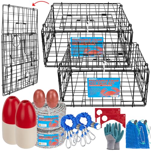 QualyQualy 2 Packs Foldable Crab Trap 24', Crab Bait Bag，Pacific Heavy Duty Steel Crap Cage Kit with Harness, 100’ Sinking Line, Easy Store & Carry Crabbing Kit