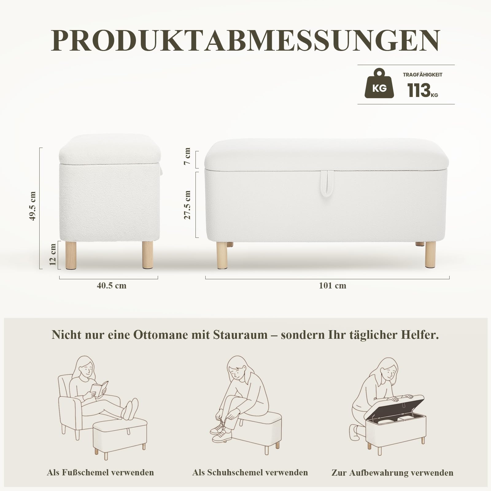 COLAMY Große Ottomane Aufbewahrungsbox für 80L, Ottomane Aufbewahrungsbank aus Holz mit rutschfesten Polstern und Klappdeckel, Fußhocker für Wohnzimmer, Schlafzimmer, Creme