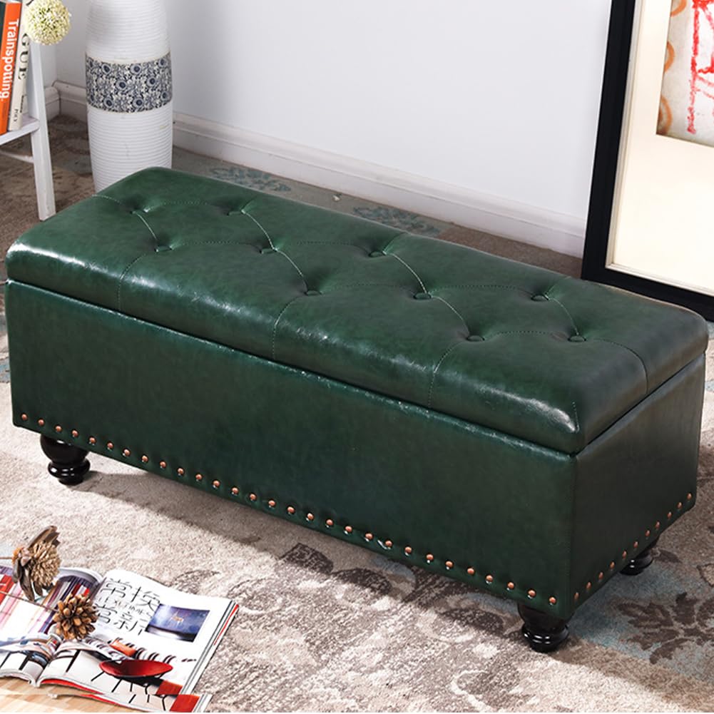 Pouf Cassapanca Contenitore In Ecopelle Verde - Poggiapiedi Con Scomparto, Struttura Legno, 80x40x43 Cm