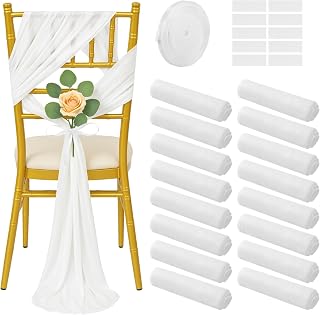 16 Pcs White Chair Sashes, Sheer Polyester Bow Sashes, Long Aisle Decorations with Ribbon & Adhesive Tapes, Tulle Chair Drapes for Weddings, Banquets, Churches, 7.3"×9ft