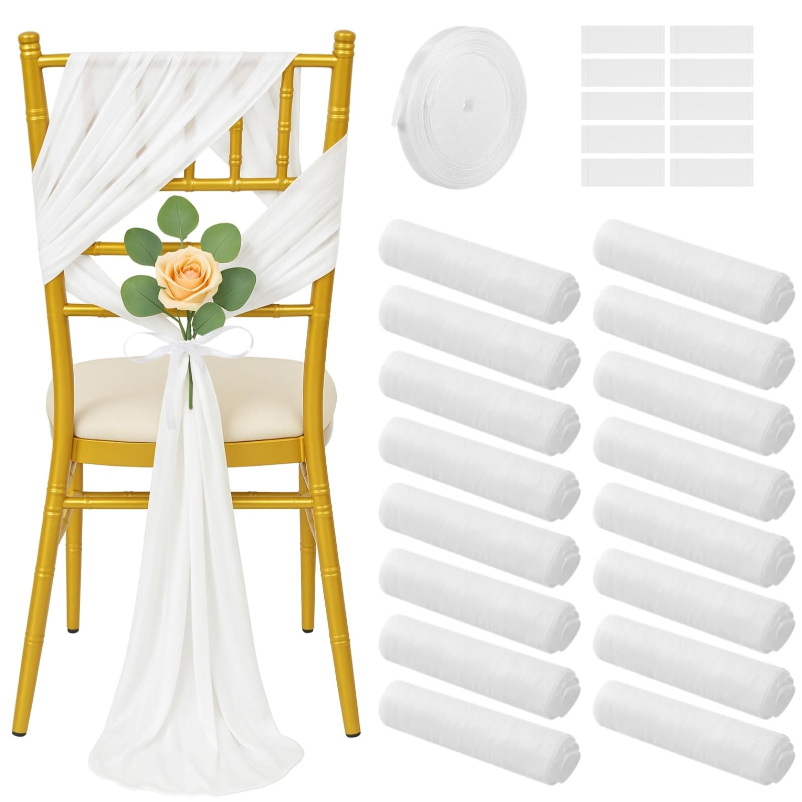 16 fasce bianche per sedie, 18,5 cm x 2,7 m, in tulle, per matrimoni e banchetti, fiocchi in poliestere trasparente con nastro e nastri adesivi, eleganti decorazioni per corridoi per eventi in chiesa