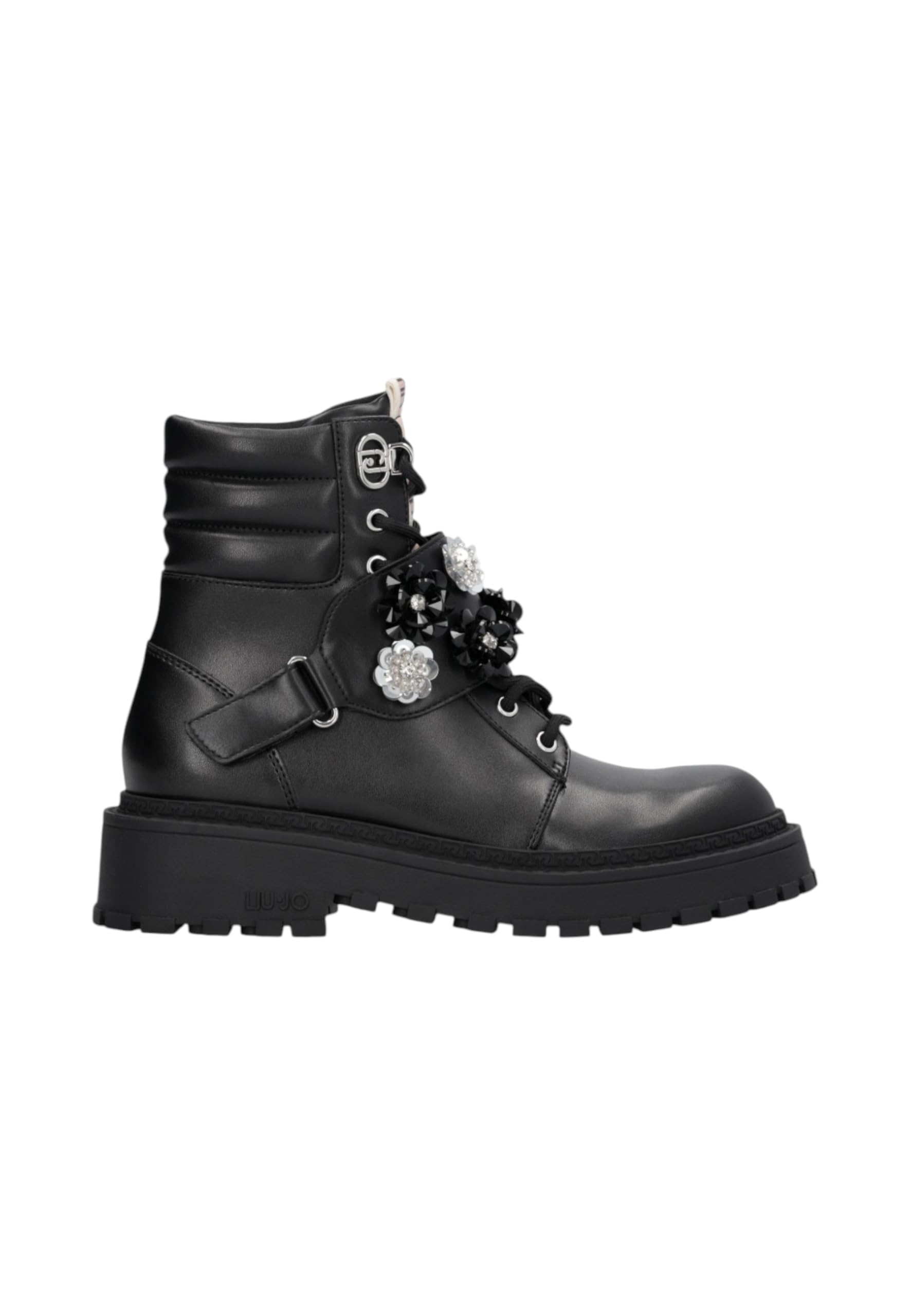 LIU JO Militärstiefel mit Kristallblumen, Schwarz, Leder, Gummisohle, Kampfstil