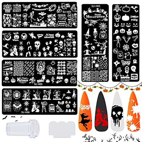Chnaivy Halloween 6 PCS Nail Art Stamping Plates，1 Stamper 1 Scraper Lace, Pumpkin Bat Owl Skeleton Ghost Skull Nail Art Design Nail Stamp Plates Set