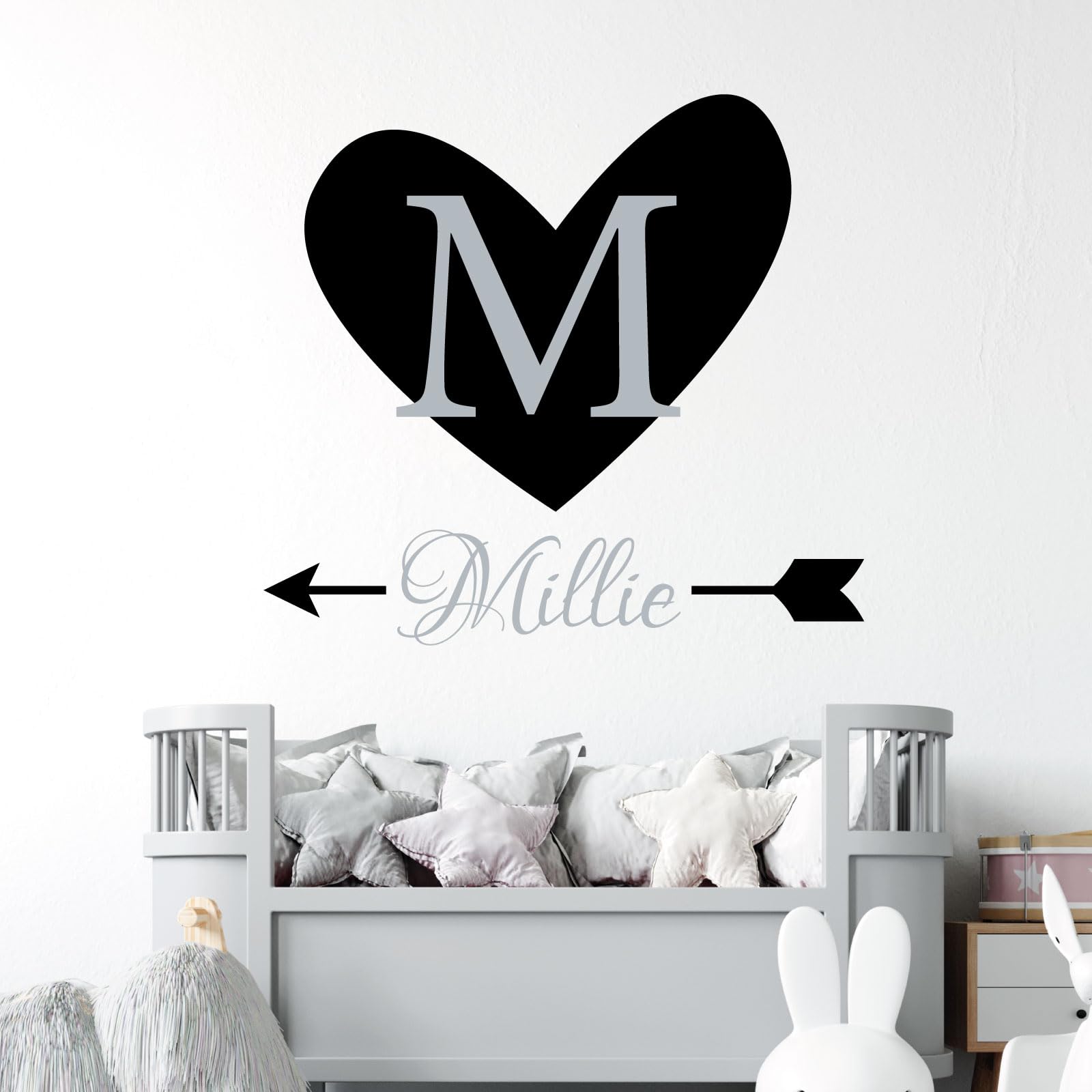 Heart & Arrow - Personalised Name, Initial Letter, Children Nursery Bedroom Decal Wall Sticker [Medium] [Black]