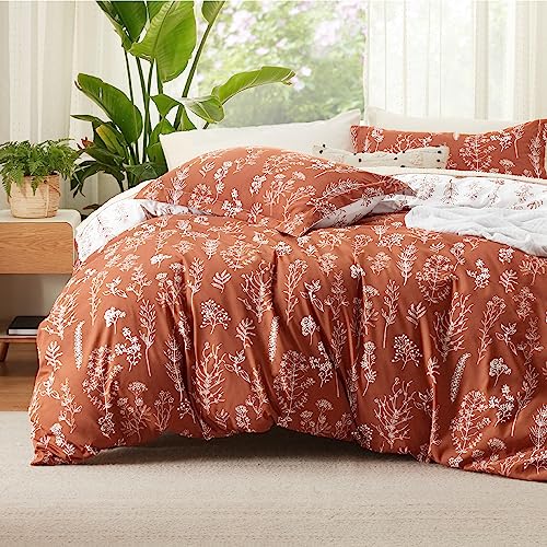 Image of Bedsure Twin /Twin XL Duvet Cover - Reversible Terracotta Duvet Cover Set with Zipper Closure, 2 Pieces Cute Floral Botanical Pattern Bedding Set with 8 Corner Ties and 1 Pillow Sham