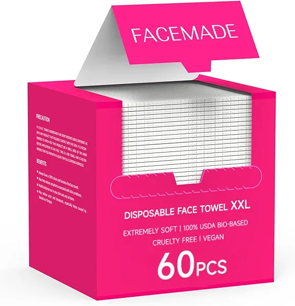FACEMADE 60 Count XXL Disposable Face Towels 12" × 12", 100% USDA Biobased Face Towelettes Disposable, Clean Facial Towels for Makeup and Clean Skin, Super Soft and Thick Dry Wipes Club
