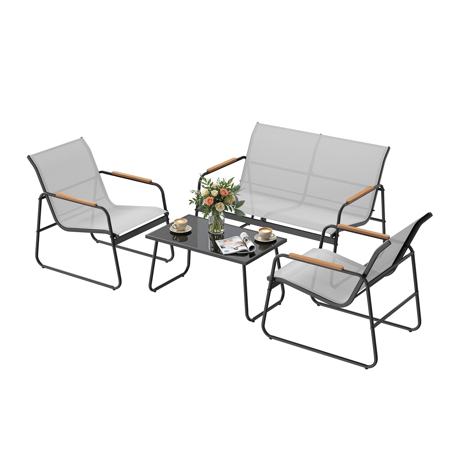 WOLTU Gartenmöbel Set 4-teilig1 Tisch & 1 Zweisitzer-Sofa & 2 Sessel mit Rückenlehne und Armlehnen Ergonomisches Design UV-beständig Balkonmöbel für Terrasse und Balkon, Grau