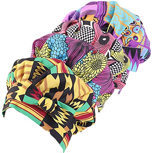 Qianmome 4 Pieces Kids Turban Hat Extra Large Satin Lined Bonnets Hat African Ankara Long Ribbon Headwrap Ankara Hair Bonnet