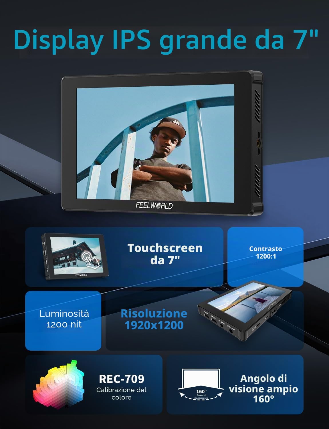 FEELWORLD F7 Plus 7 pollici 1200nit Monitor da campo con batteria F750 e borsa Touchscreen 3D Lut HDR Waveform F970 Kit di installazione e alimentazione 4K 60Hz HDMI in uscita