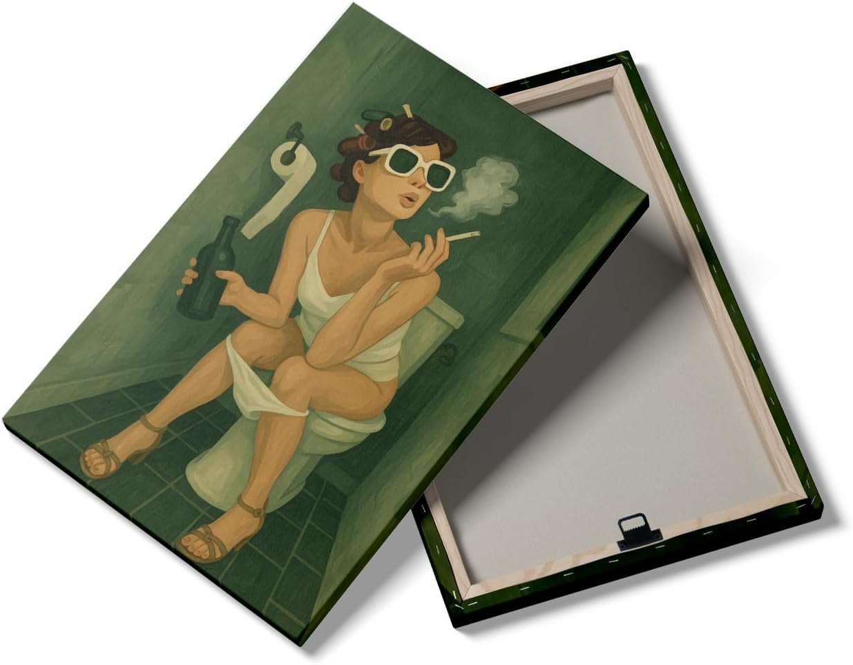 Funny Bathroom Wall Art, Retro Glam Poster, Feminine Green Bathroom Decor, Vintage Woman Smoking Print, Quirky Restroom Artwork, Funny Toilet Wall Decor 16x20in Wood Frame