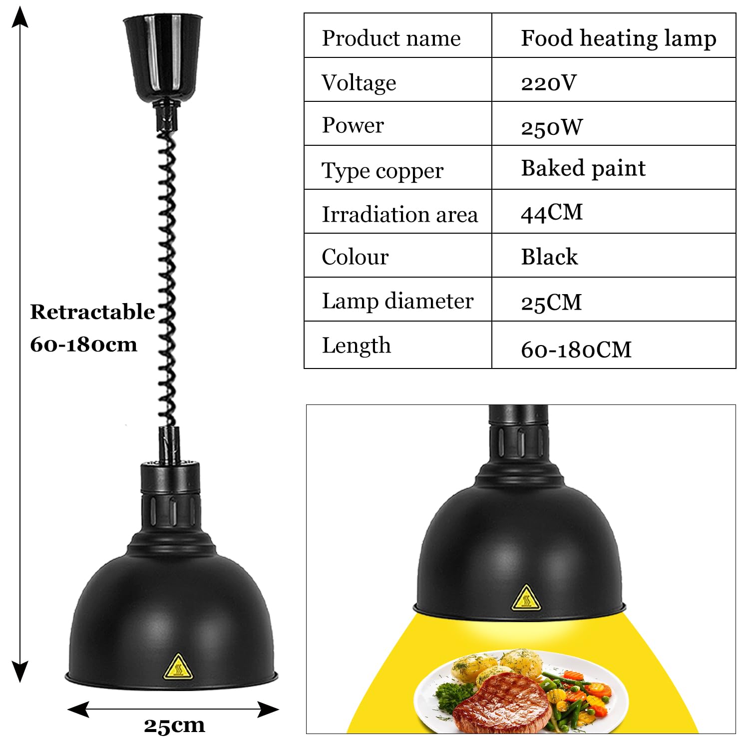 Lampada Riscaldante per Alimenti, Sospeso Lampade Scaldavivande Cucina, Regolabile Lampade Riscaldare Cibo, Lampada Scaldavivande Ristorante per Hotel, Buffet, Catering(B-25cm,1)