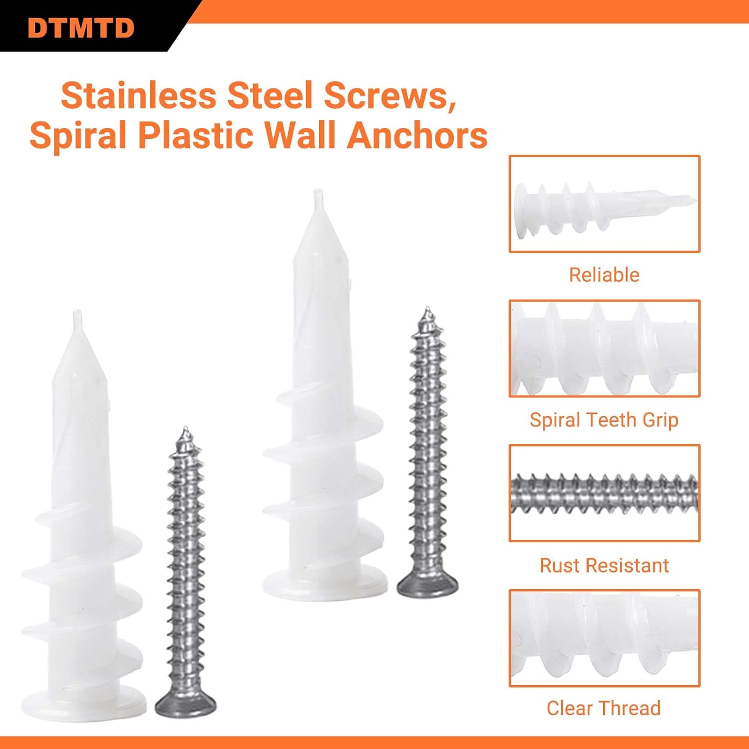 100 PCS Expansion Screws Kit, Plastic Spiral Wall Plugs 13 * 42