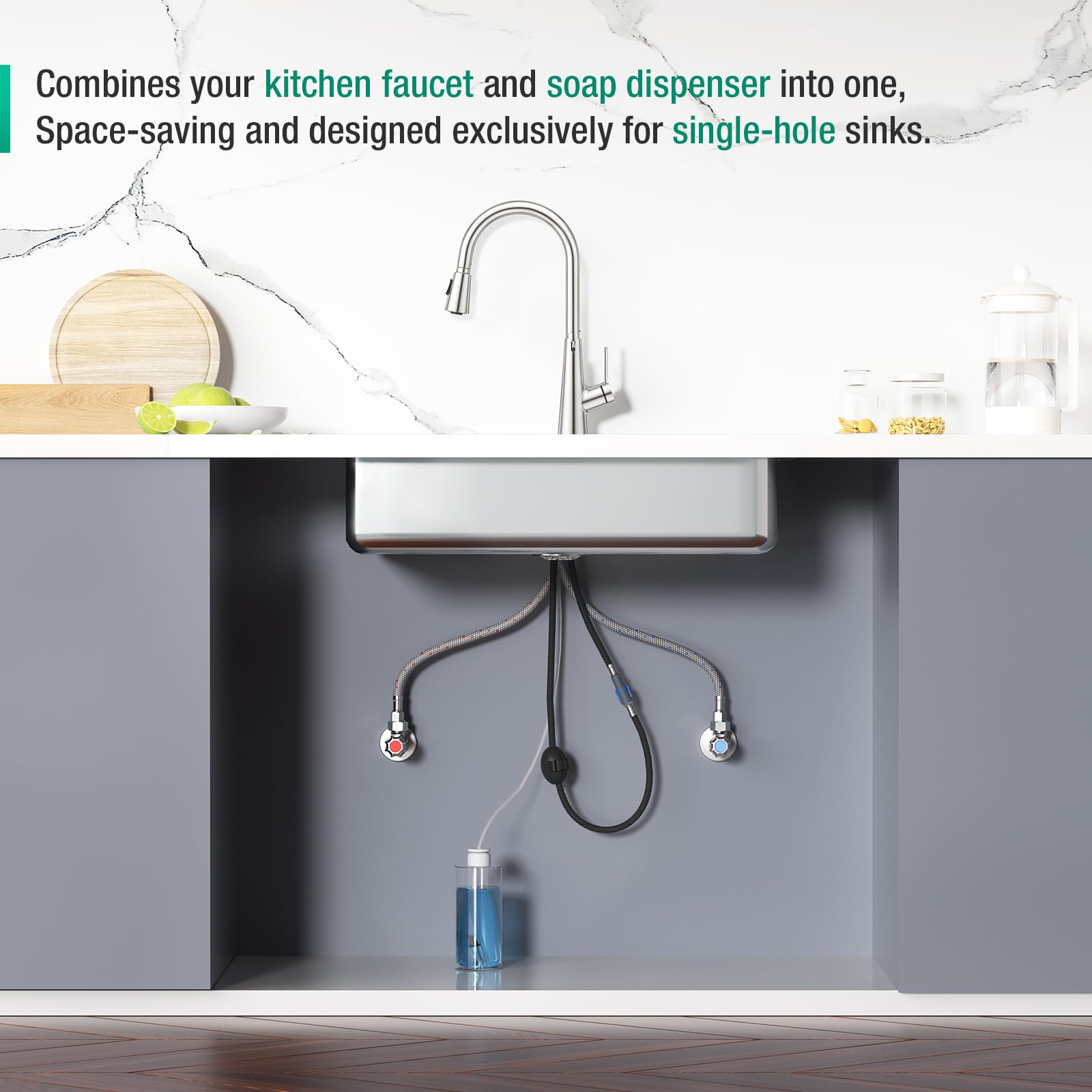 CREA Rubinetto da cucina dispenser di sapone da incasso, miscelatore da cucina con doccetta estensibile, rubinetto per lavello da cucina con 3 doccetta modalità, girevole a 360°, spazzolato