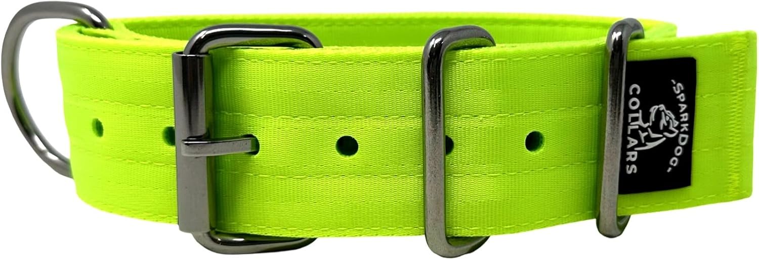 SparkDog 2” Working Dog Collar – Heavy Duty 4-Ply Nylon & Polyester Webbing, Stainless Steel Hardware, Tactical Style for Pitbulls, Medium & Large Dogs (14-20" (Lime Green, 2" Width)