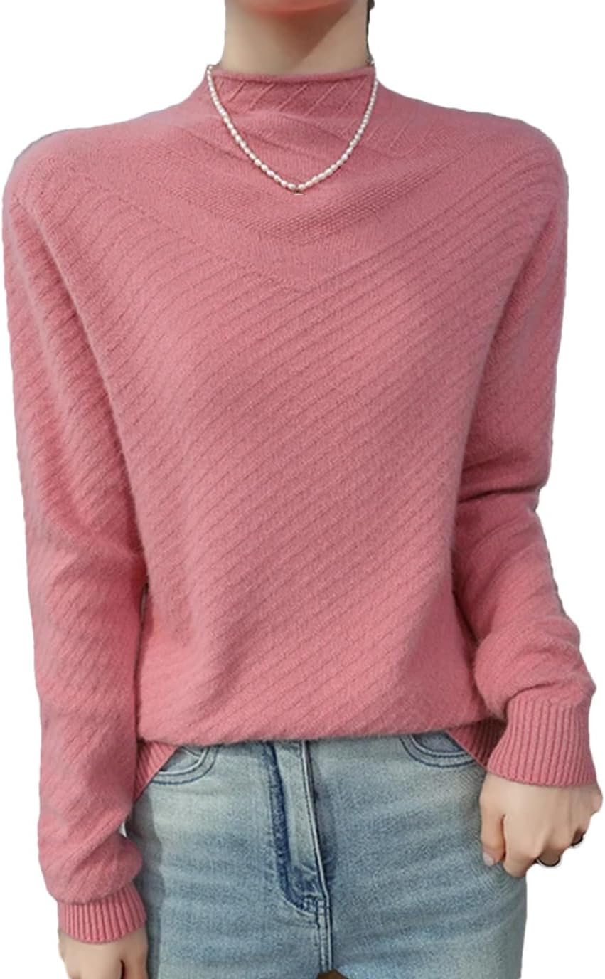 女性ミンクカシミヤセーターカールカラープルオーバートップスソリッドニットベースレイヤートップスニットジャンパー pnnrk M