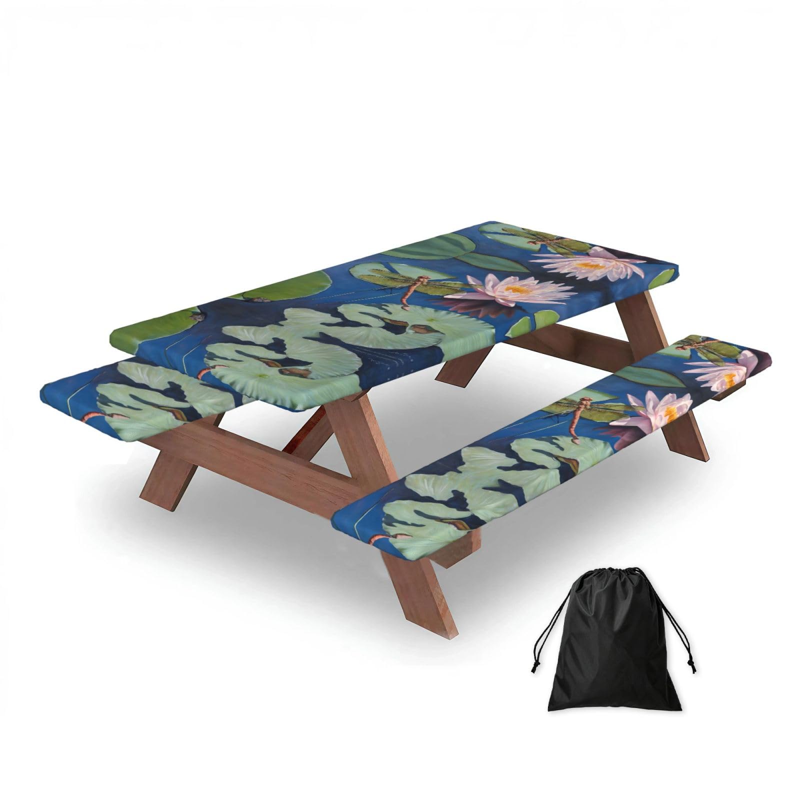 ESNAIUVCD Dragonfly Painting Print Picnic Table Cover With Bench Covers,Camping Essentials,Fitted Tablecloth Cover With Elastic Edge, For Indoor & Outdoor 3 Pcs