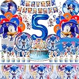 Pappteller Kindergeburtstag 5 Jahre, 106 Stück Partygeschirr Geburtstagsdeko Cartoon Birthday Banner Luftballon Party Geschirrset Pappteller Becher Servietten Tischdecke Kuchen Deko Kinder
