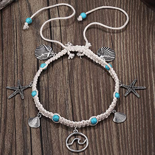 Image of Softones Blue Starfish Turtle Anklet Multilayer Charm Beads Sea Handmade Boho Anklet Foot Jewelry for Women