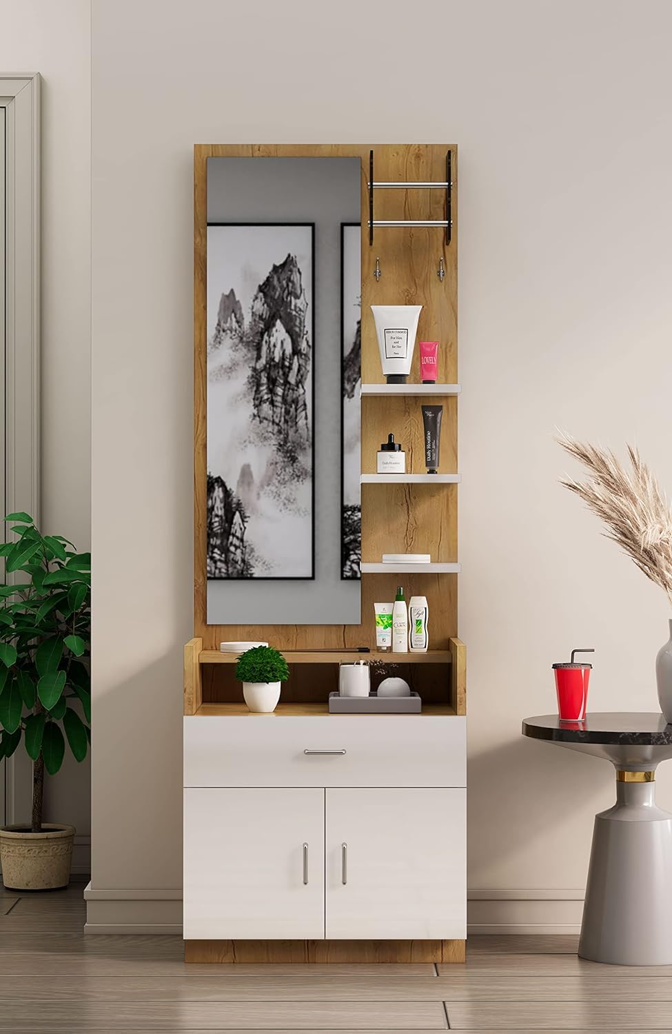 Engineered Wood Dressing Table Mirror with 1-Drawer, Bangle Holder & Hooks | Vanity Mirror with Shelf (Giant Wood & Frosty White)-image-34