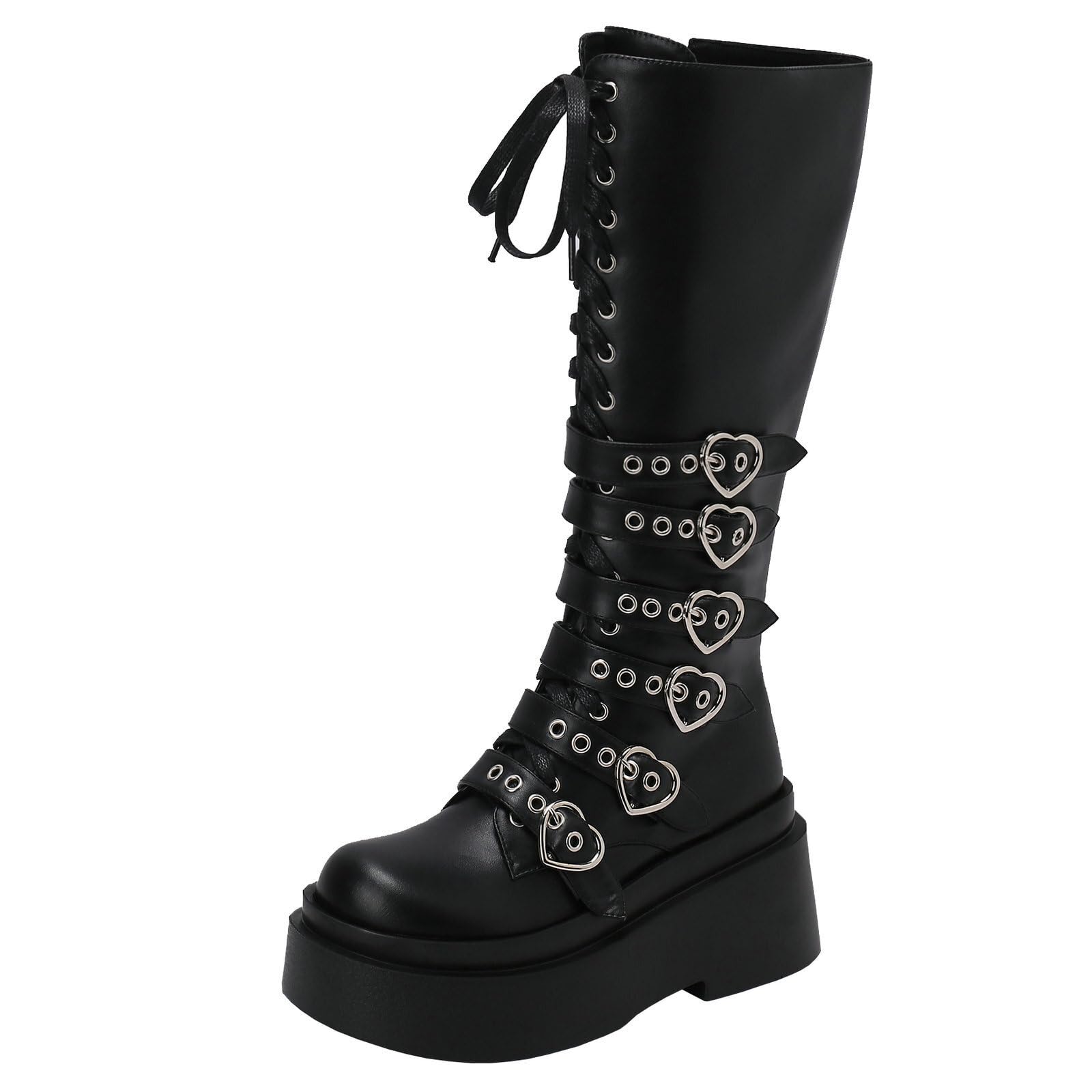 Parisuit Womens Knee High Goth Platform Buckle Boots Chunky High Heel Lace Up Punk Combat Boots with Chain