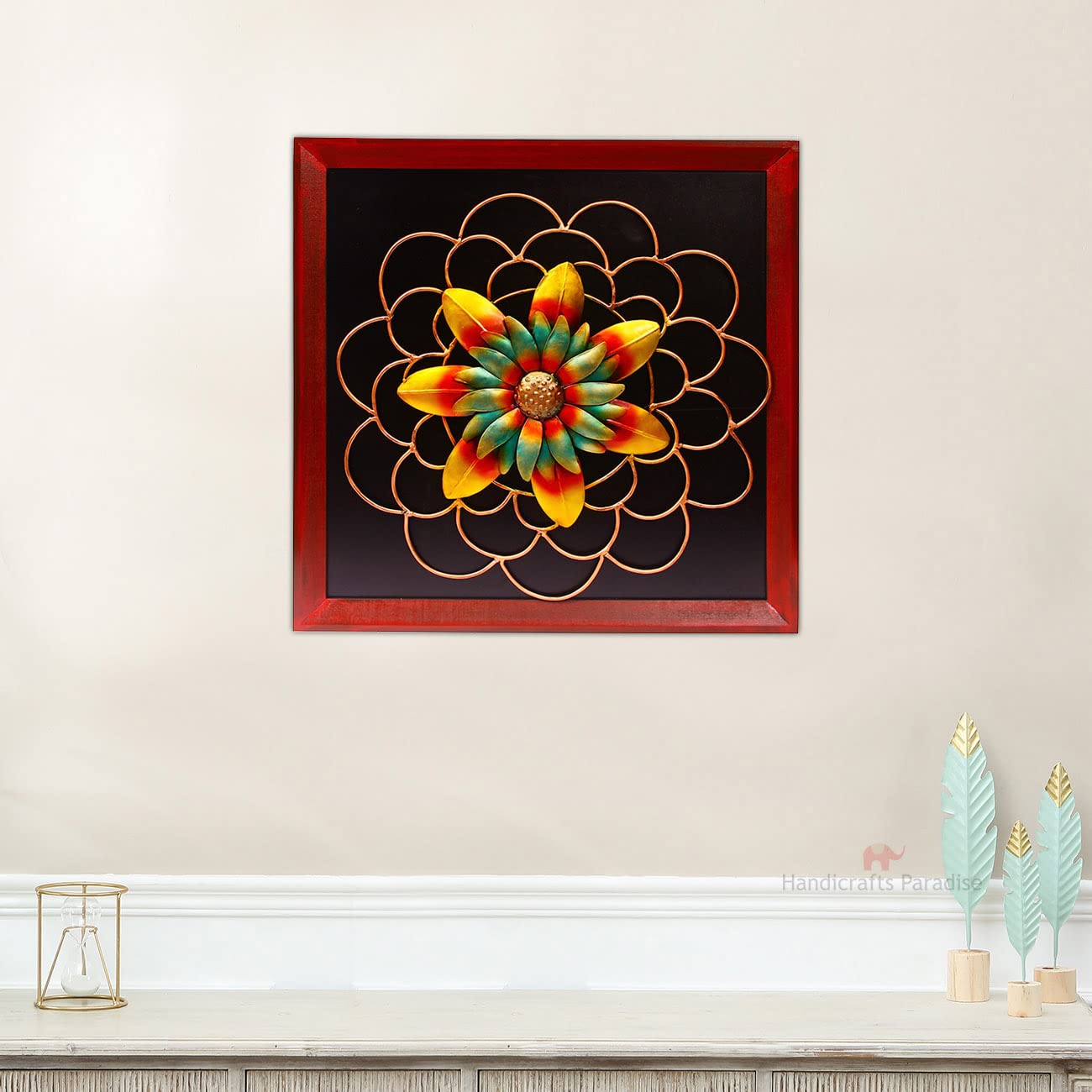 Handicrafts Paradise Iron and Wood Decorative Wall Decor, Multicolour, Flower Design, 24 x 24 inches