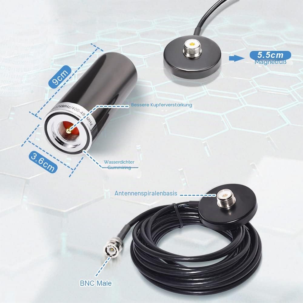 Superbat Auto Mobile Funkgerät Antenne VHF/UHF Dual Band 136-174MHz 400-460MHz,5M RG58 Kabel BNC Stecker Amateurfunkantenne Magnetfuß für Auto Mobilfunkstation BC125AT BCD996P2 BC75XLT BC125AT