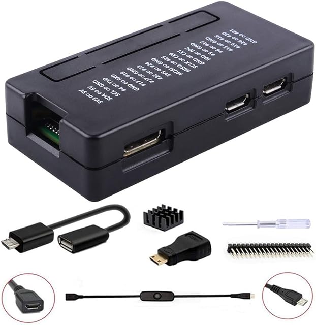 GeeekPi Raspberry Pi Zero/Zero W/Zero W 2 Case, 7 in 1 Basic Starter Kit with ABS Raspberry Pi Zero Case, 20Pin GPIO Header, OTG Cable, Switch Cable, HDMI Adapter, Heatsink and Screwdriver (Black)