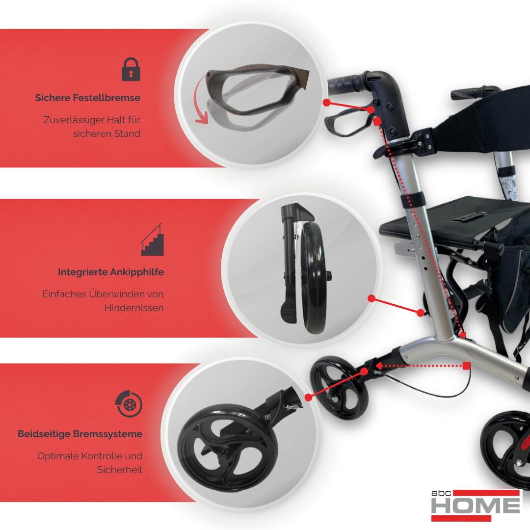 abc HOME Alu Rollator Leichtgewicht 7,3 kg – Klappbarer Reiserollator bis 130 kg – Gehhilfe mit Ankipphilfe, Sitz & Tasche – Höhenverstellbar & Silber/Schwarz