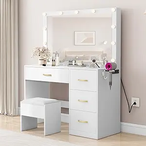 DWVO Makeup Vanity with Lighted Mirror, Vanity Desk with Power Strip, Adjustable Lighting, 4 Drawers, and Cushioned Stool for Bedroom, Dressing Room