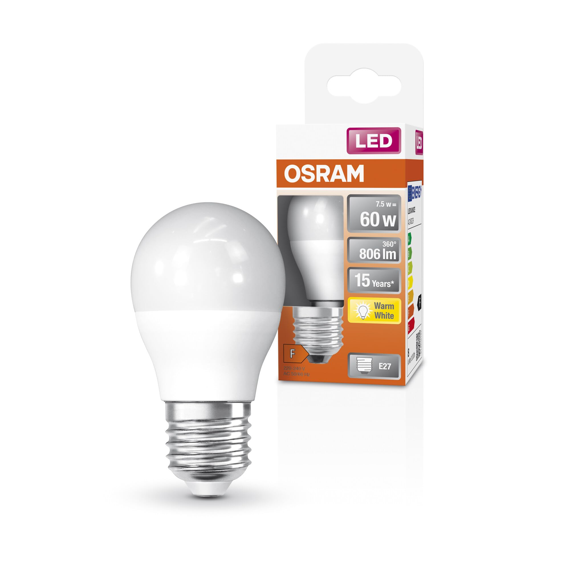 OSRAM Lampada LED Classic P60 Star Classic P60 per base E27, forma a goccia, fr, 806 lm, bianco caldo, 2700k, sostituzione per lampadine da 60w venzionali, non dimmerabile, pacchetto da 6 pacchetti