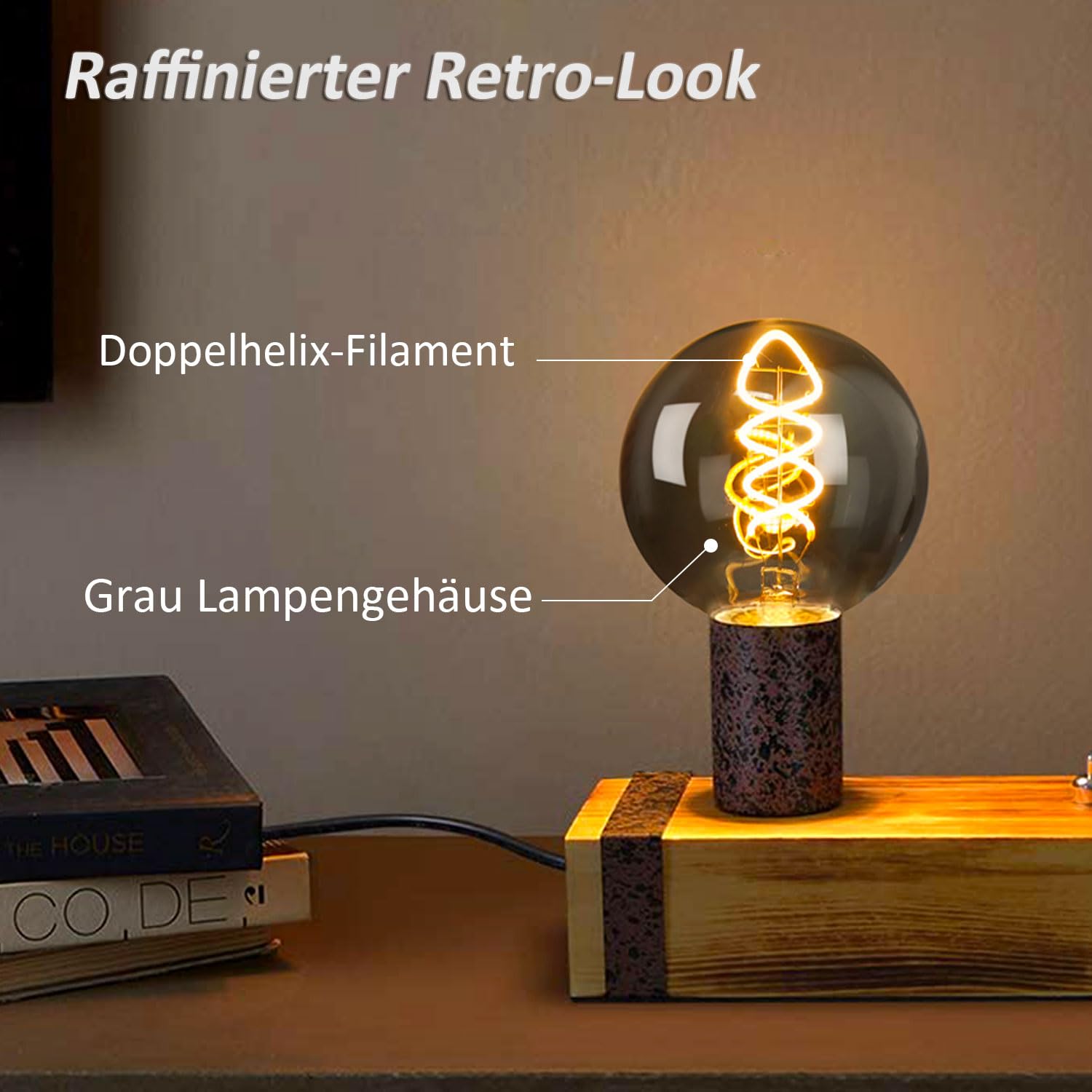 E27 LED Vintage Glühbirne, Edison Vintage Glühbirne E27 Dimmbar 4W G80 Retro Glühbirnen LED Filament Lampe Warmweiß Ideal für Dekorative Nostalgie Retro Beleuchtung, Rauchglas-6 Stück (HPS6PBT1)