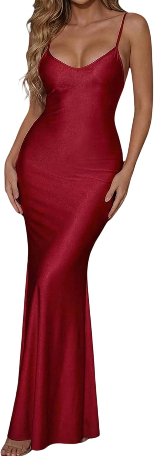 OYOANGLE Women's Backless Ruched Elegant Maxi Dress Spaghetti Strap Sleeveless Bodycon Evening Party Dresses