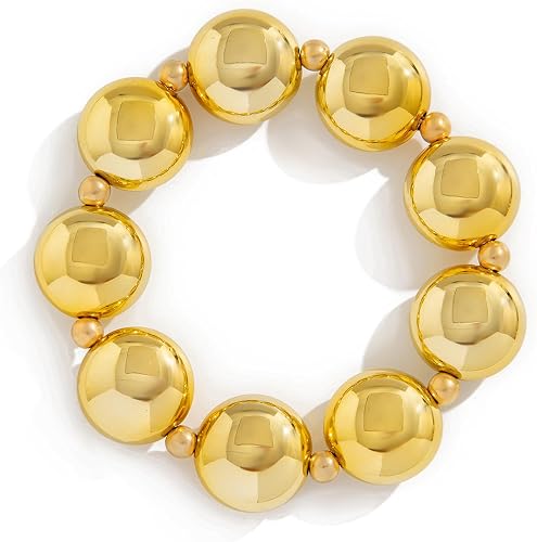 PINK TOWN Chunky Gold Bead Bracelets,Big Round Ball Beaded Elastic Bracelet Vint