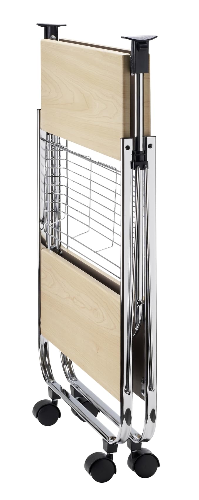 WENKO Chariot de Service Dinett Deluxe érable, 2 étagères & Panier grillagé allongé, avec 4 roulettes faciles à manier, Rabattable, en Acier chromé Robuste, Charge maximale 40 kg