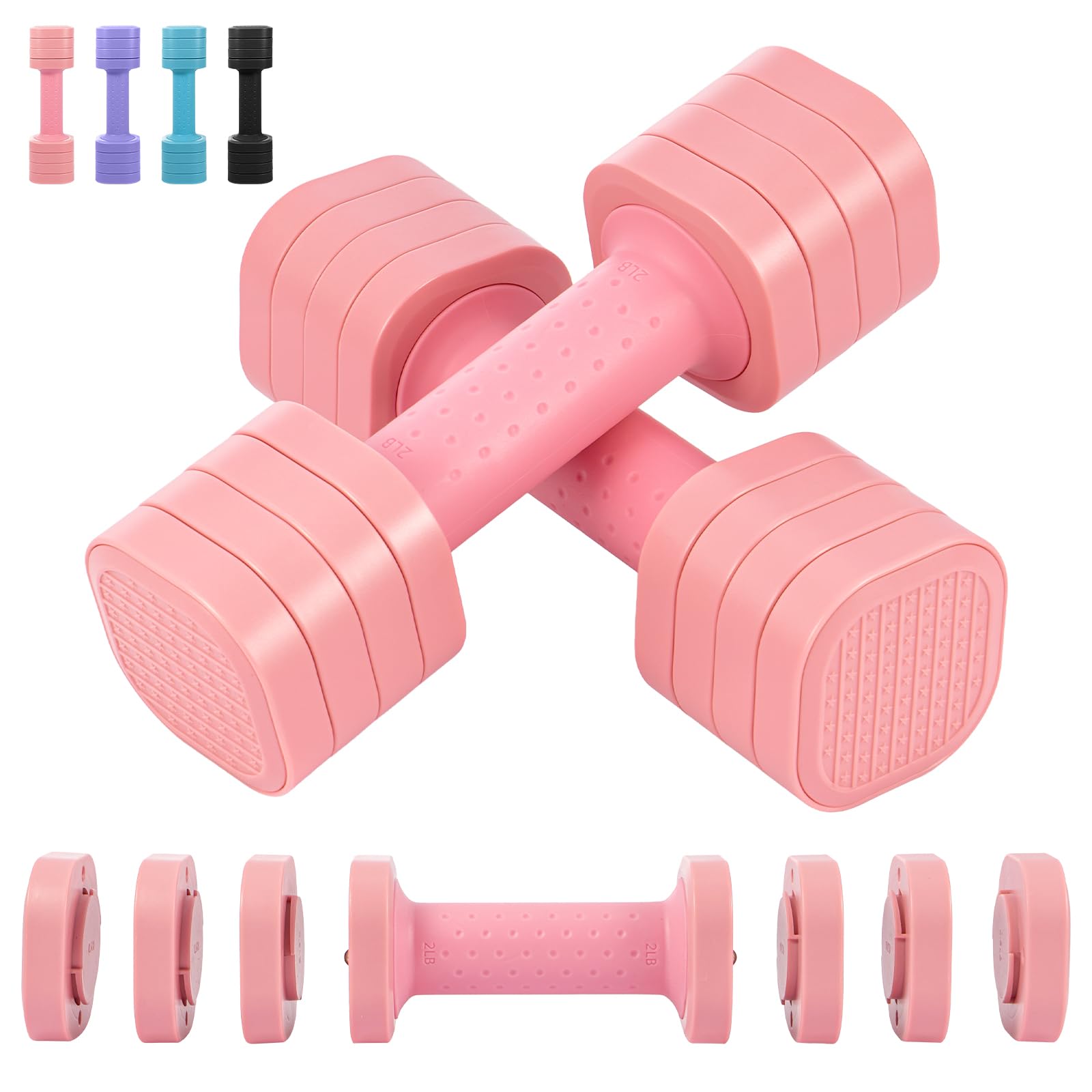 FERNVALE 4-in-1 Adjustable Dumbbells Set 2–5lbs Pair, Space-Saving Home Gym Hand Weights for Women, 1-Second Quick-Lock System, Ergonomic Non-Slip Grip, Iron Core Fitness Weights (Pink)