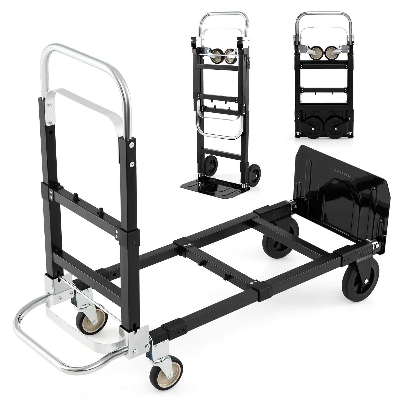 GYMAX Carretilla Plegable con 4 Ruedas, Carro de Transporte con Mango Retráctil, Longitud Extensible y Altura Ajustable, Carga de 272 kg, Carro Plataforma para Almacén, Fábrica y Supermercado